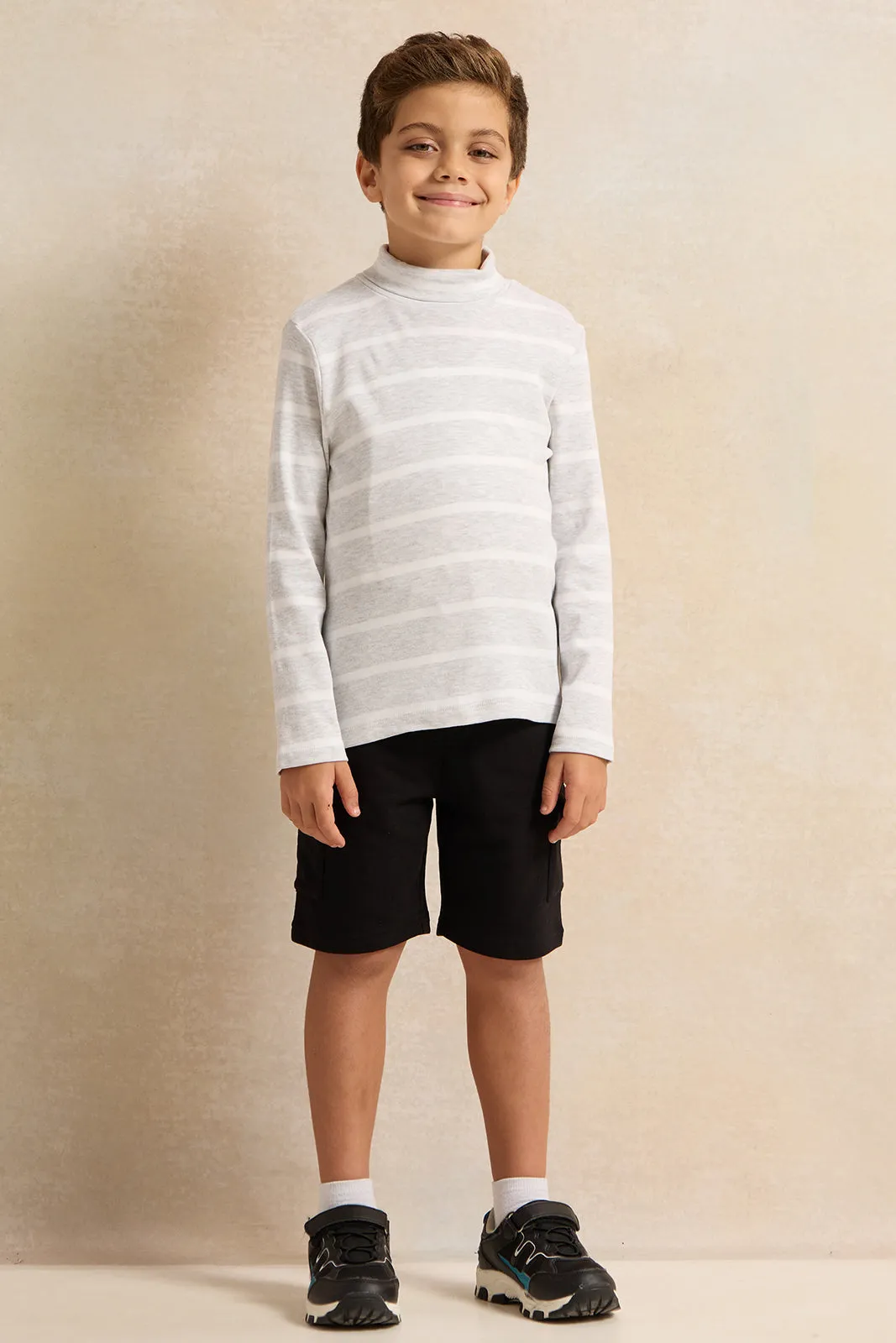 Boys Grey And White Striped High-Neck T-Shirt