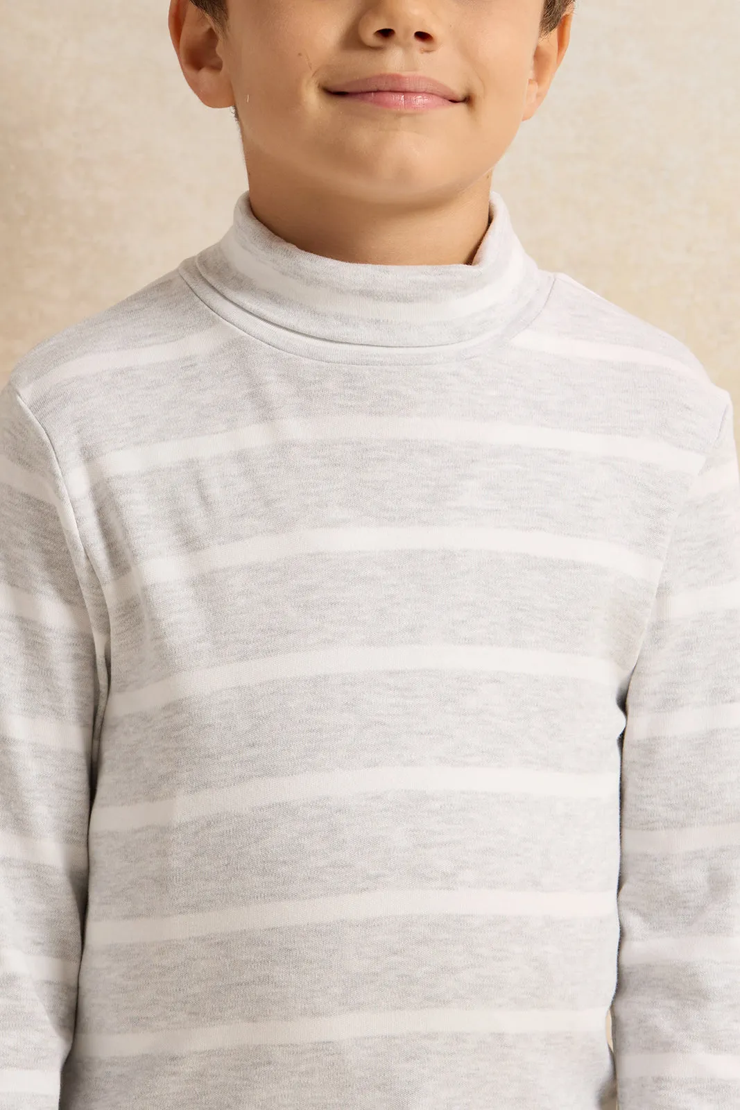 Boys Grey And White Striped High-Neck T-Shirt