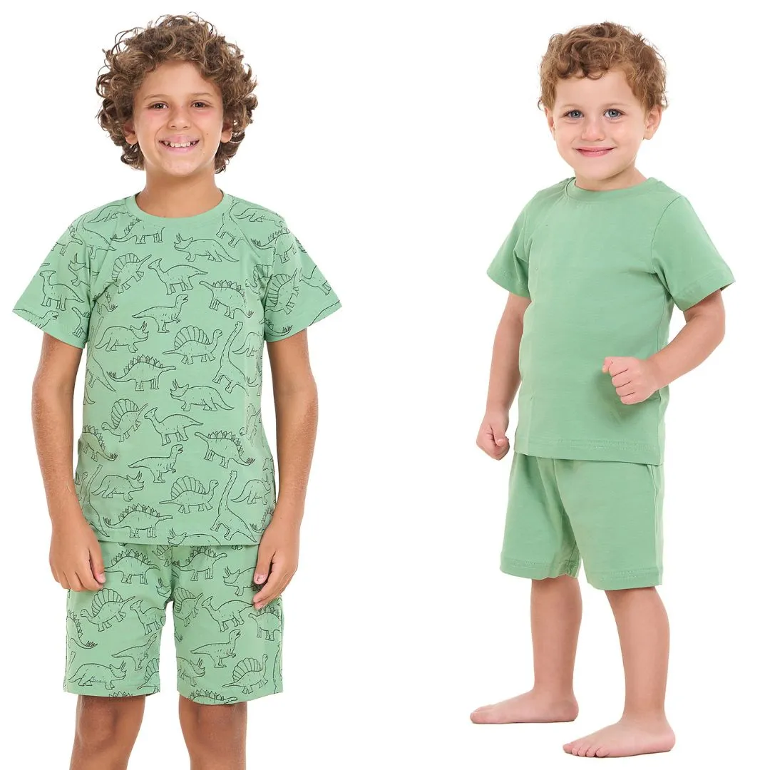 Boys summer pajama Bundle set Apple Green and Dino t-shirts   shorts