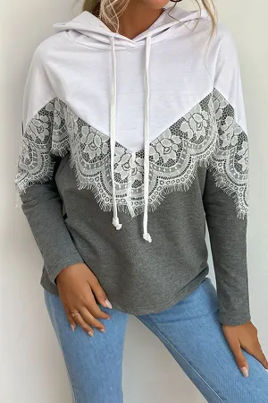 Casual Patchwork Lace Draw String  Contrast Hooded Collar Tops