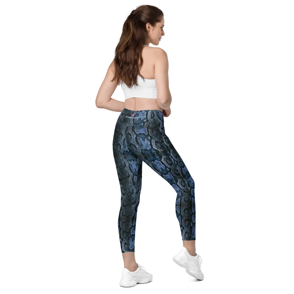 Dark Blue Snake Print Tights, Women's 7/8 Leggings With 2 Side Pockets - Made in USA/EU/MX