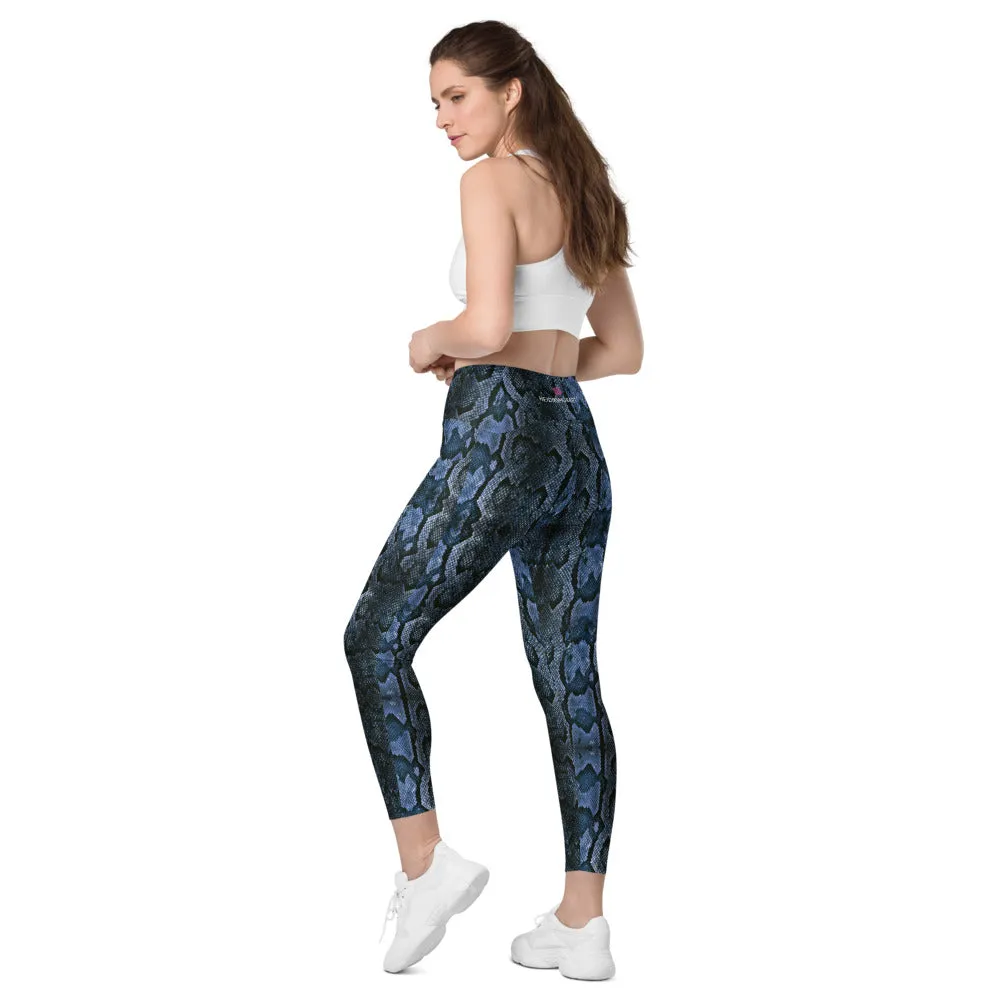 Dark Blue Snake Print Tights, Women's 7/8 Leggings With 2 Side Pockets - Made in USA/EU/MX