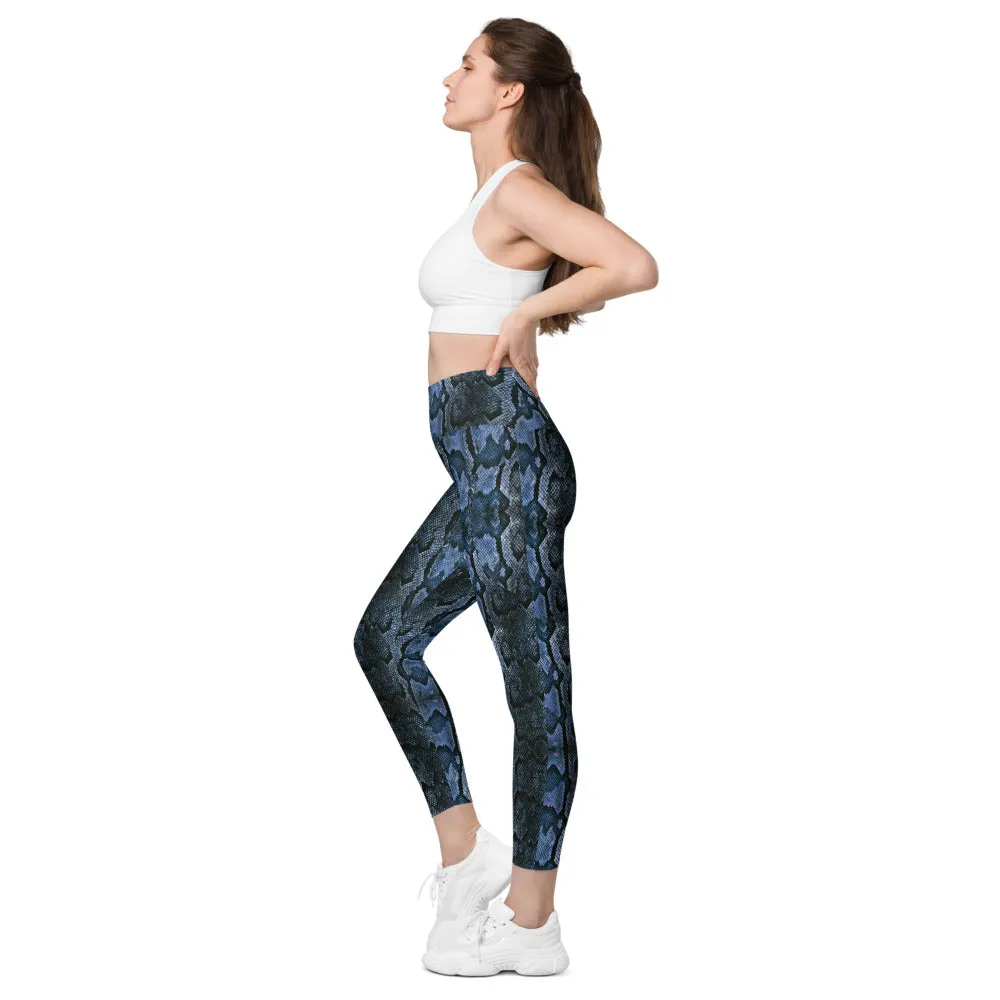 Dark Blue Snake Print Tights, Women's 7/8 Leggings With 2 Side Pockets - Made in USA/EU/MX