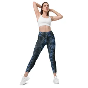 Dark Blue Snake Print Tights, Women's 7/8 Leggings With 2 Side Pockets - Made in USA/EU/MX