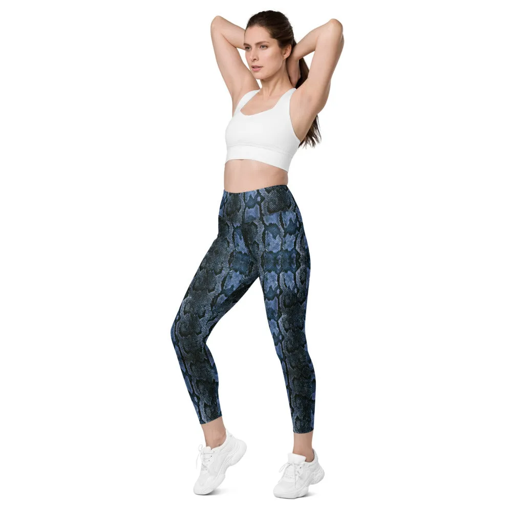 Dark Blue Snake Print Tights, Women's 7/8 Leggings With 2 Side Pockets - Made in USA/EU/MX