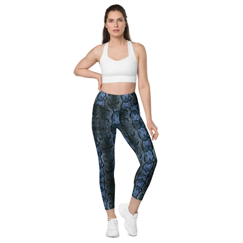 Dark Blue Snake Print Tights, Women's 7/8 Leggings With 2 Side Pockets - Made in USA/EU/MX