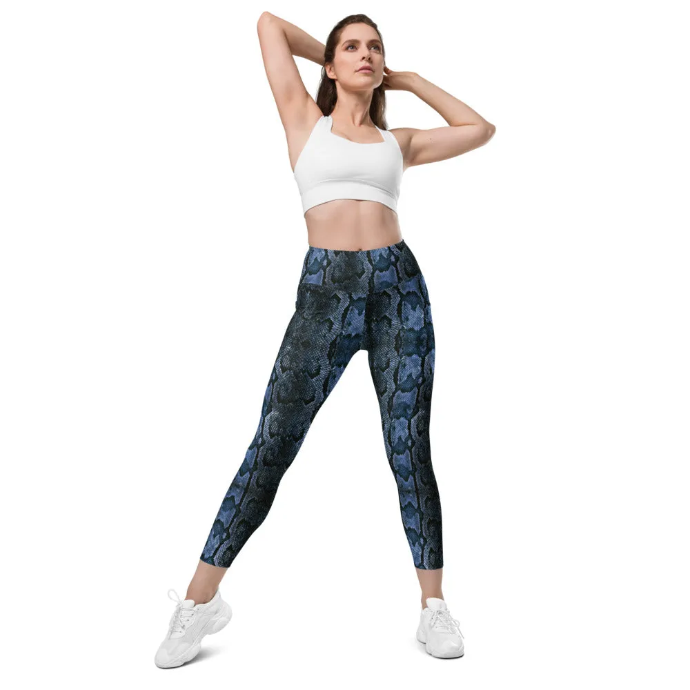 Dark Blue Snake Print Tights, Women's 7/8 Leggings With 2 Side Pockets - Made in USA/EU/MX