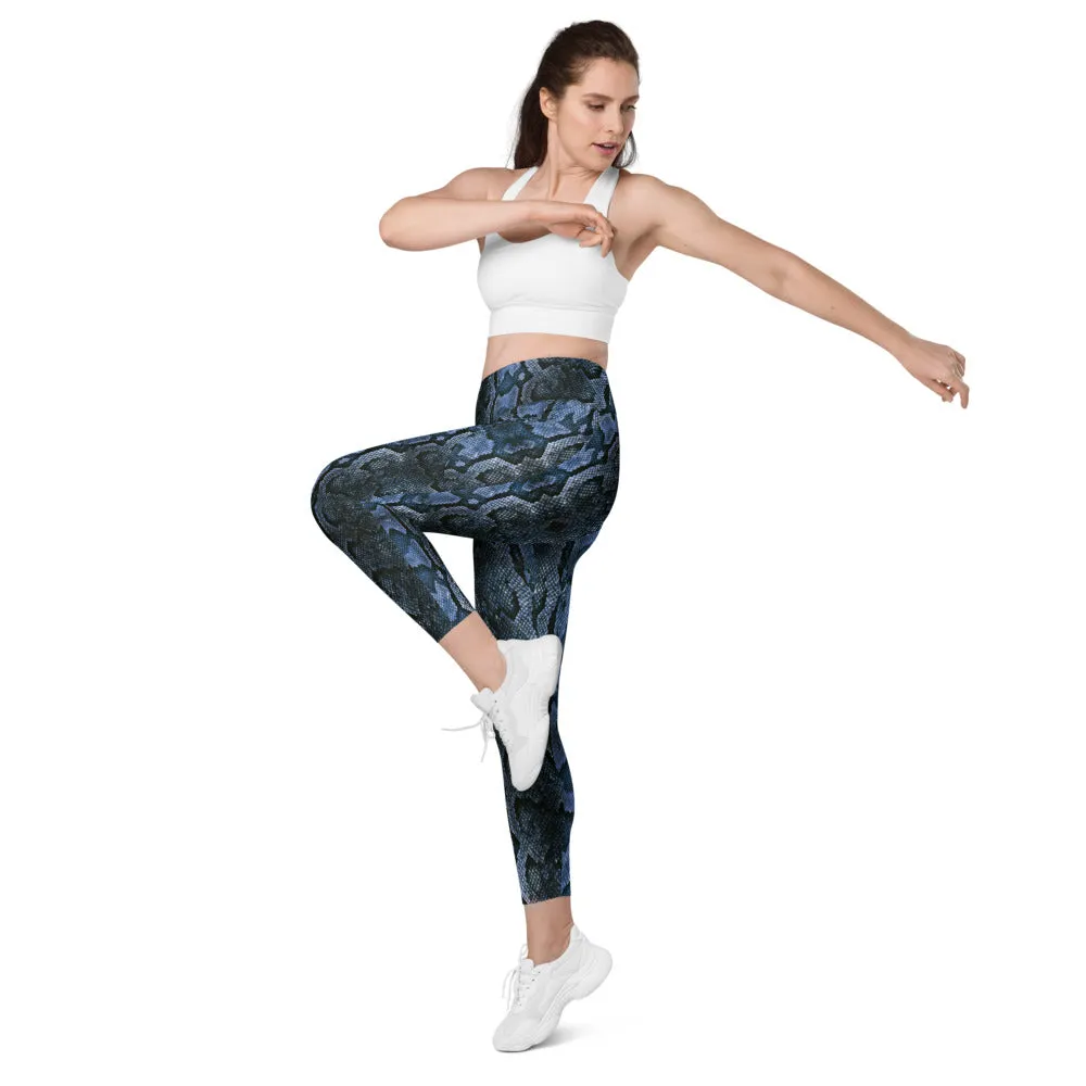 Dark Blue Snake Print Tights, Women's 7/8 Leggings With 2 Side Pockets - Made in USA/EU/MX