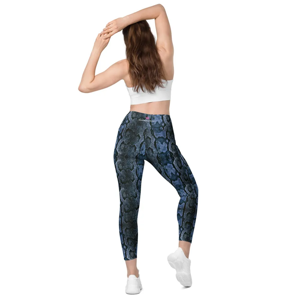 Dark Blue Snake Print Tights, Women's 7/8 Leggings With 2 Side Pockets - Made in USA/EU/MX