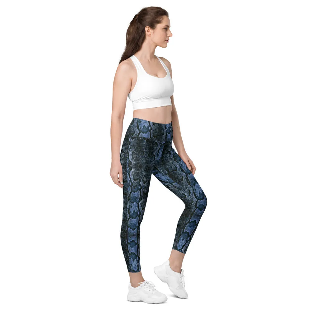 Dark Blue Snake Print Tights, Women's 7/8 Leggings With 2 Side Pockets - Made in USA/EU/MX