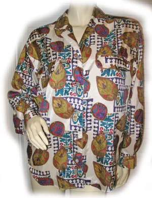 LESLIE FAY OPTIONS Vintage Womens Ivory Multicolor Graphic Print Long Sleeve Button Down Shirt Collar M 10