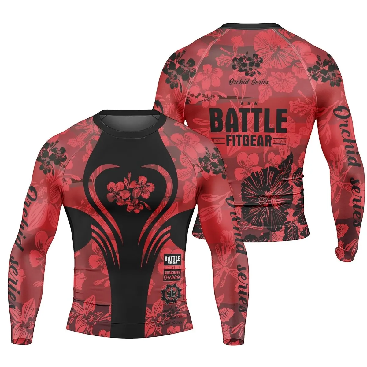 Orchid Series Floral Red Heart Pattern Men's Long Sleeve Rash Guard