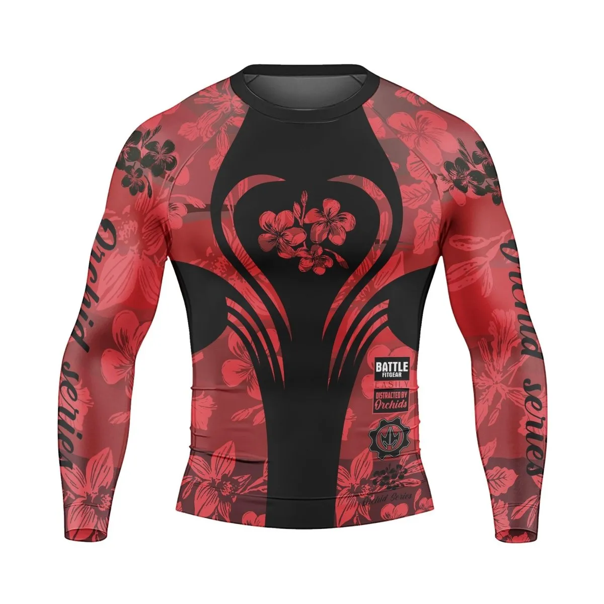 Orchid Series Floral Red Heart Pattern Men's Long Sleeve Rash Guard