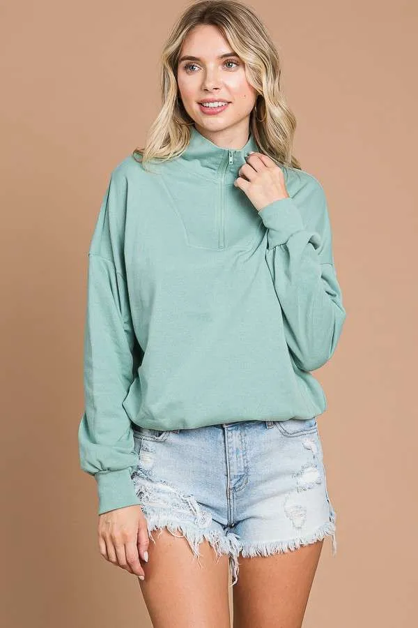 Ruche Sleeve Half Zip Sweatshirt