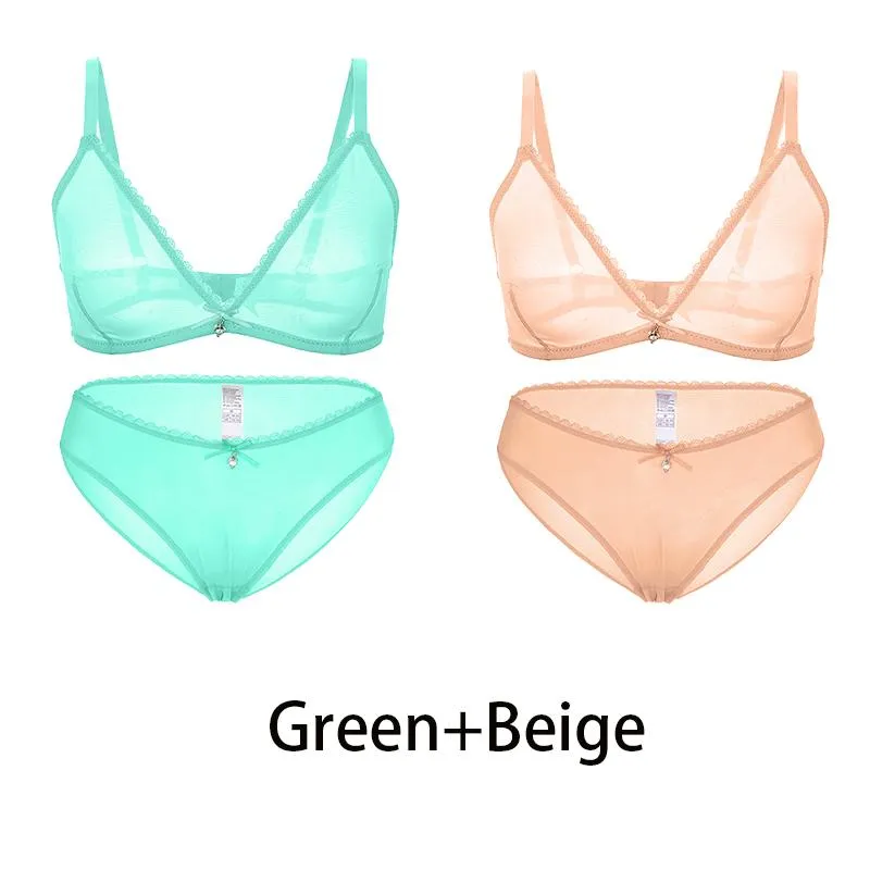 Varsbaby Sexy Ladies See-through Plus Size Bra Low Waist Panties 2Pcs