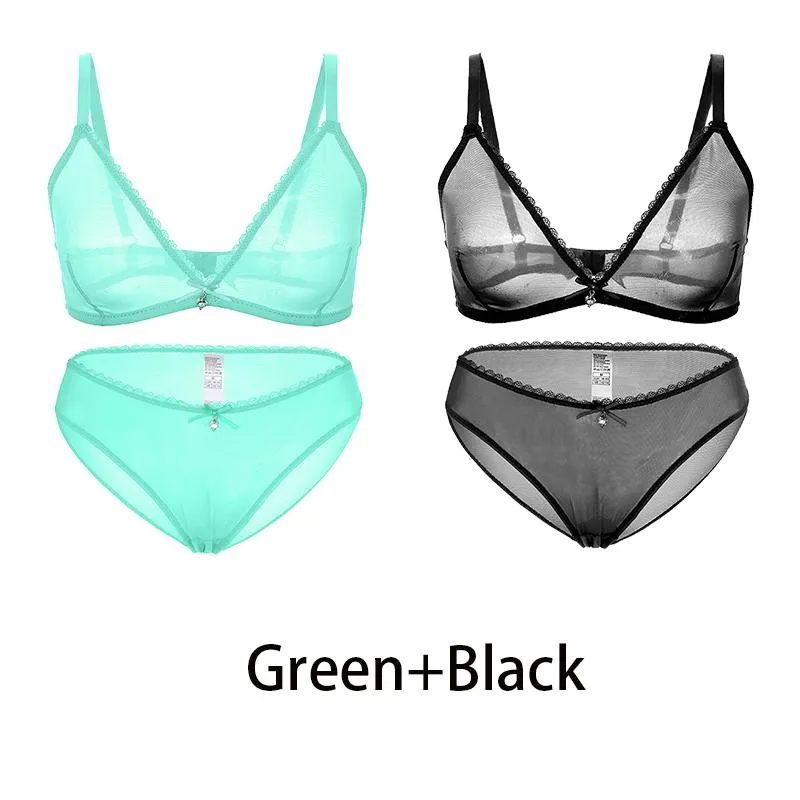 Varsbaby Sexy Ladies See-through Plus Size Bra Low Waist Panties 2Pcs