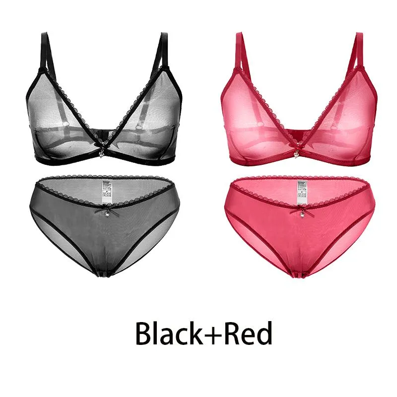 Varsbaby Sexy Ladies See-through Plus Size Bra Low Waist Panties 2Pcs