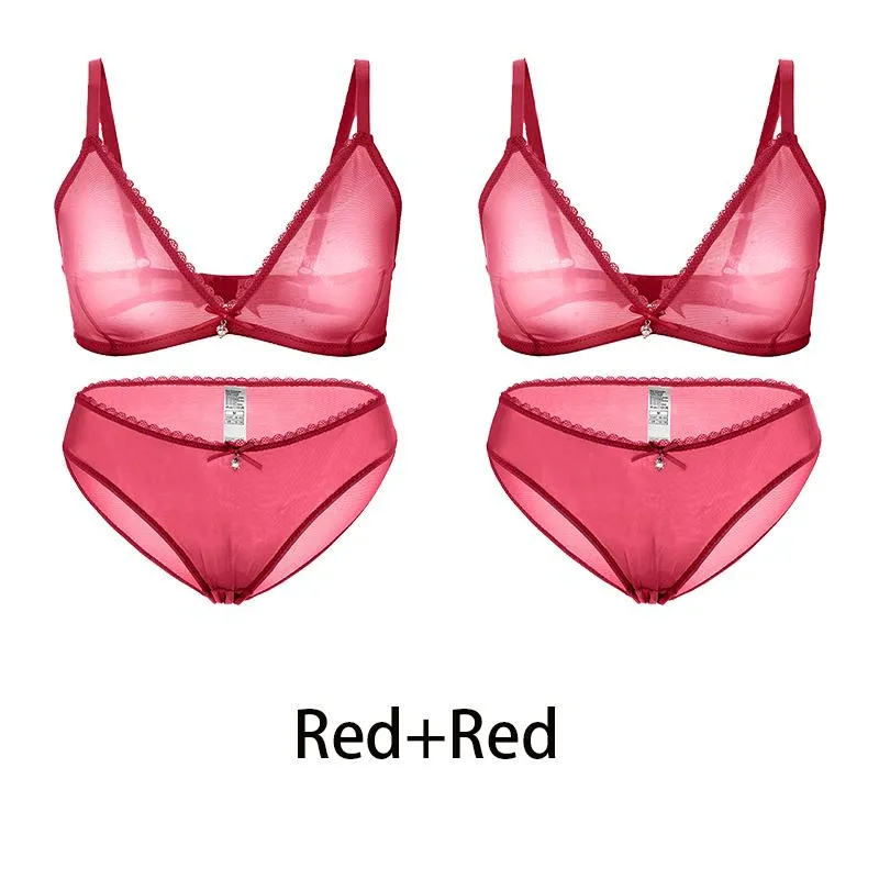 Varsbaby Sexy Ladies See-through Plus Size Bra Low Waist Panties 2Pcs