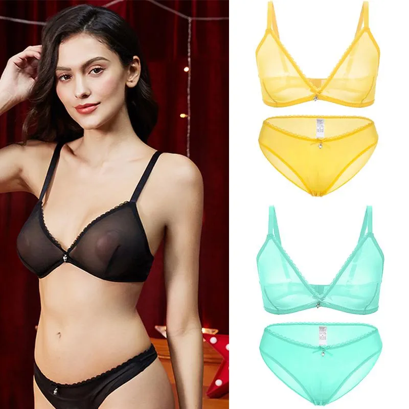 Varsbaby Sexy Ladies See-through Plus Size Bra Low Waist Panties 2Pcs