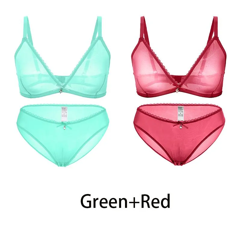 Varsbaby Sexy Ladies See-through Plus Size Bra Low Waist Panties 2Pcs