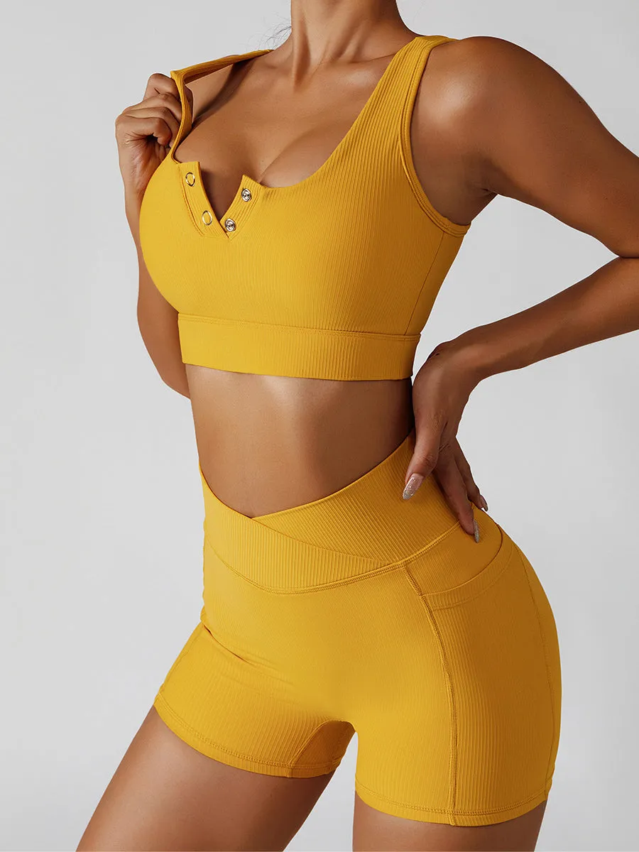 ZASUWA Female Pocket Ribbed V-shape Waist Button Short Tracksuits X ANECHKAANNN 